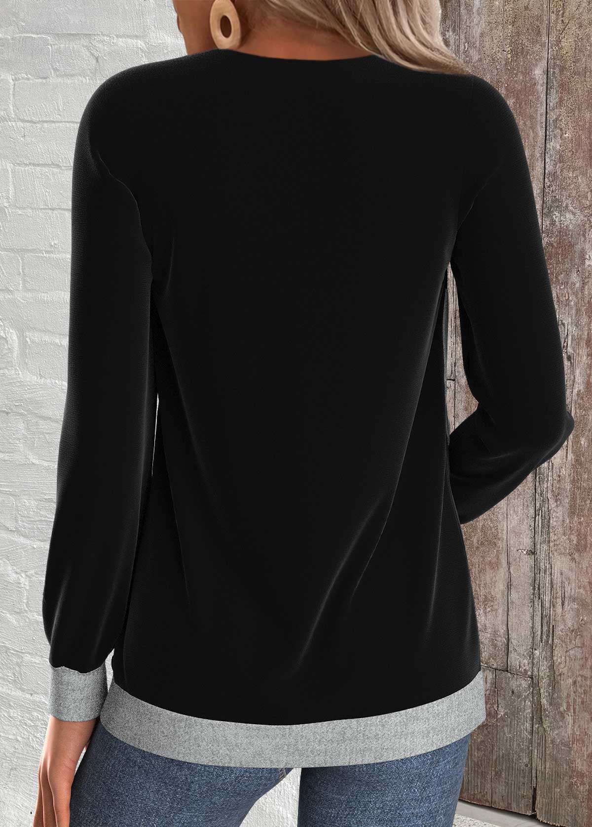 Black Button Long Sleeve V Neck Sweatshirt | picture 