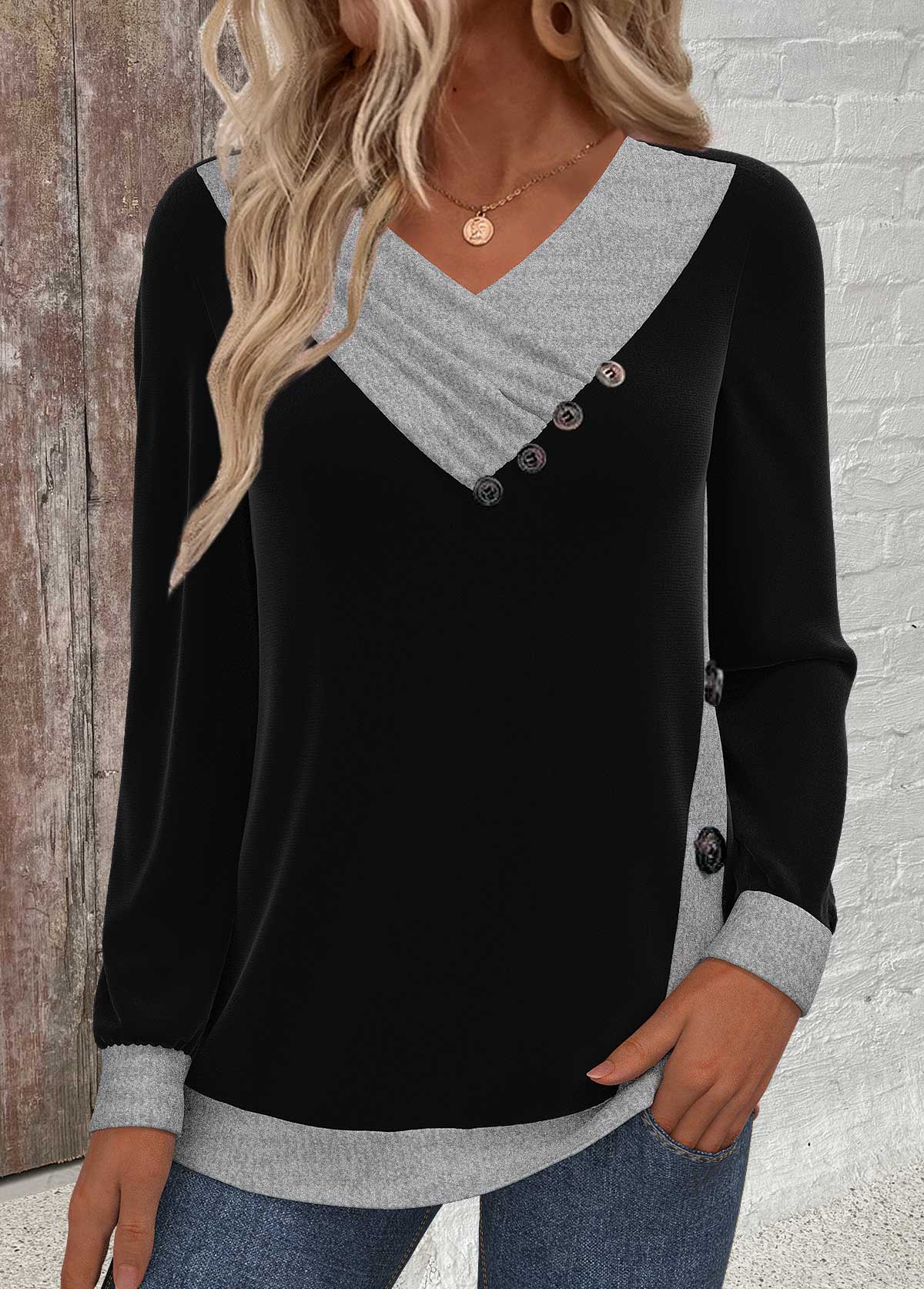 Black Button Long Sleeve V Neck Sweatshirt | picture 