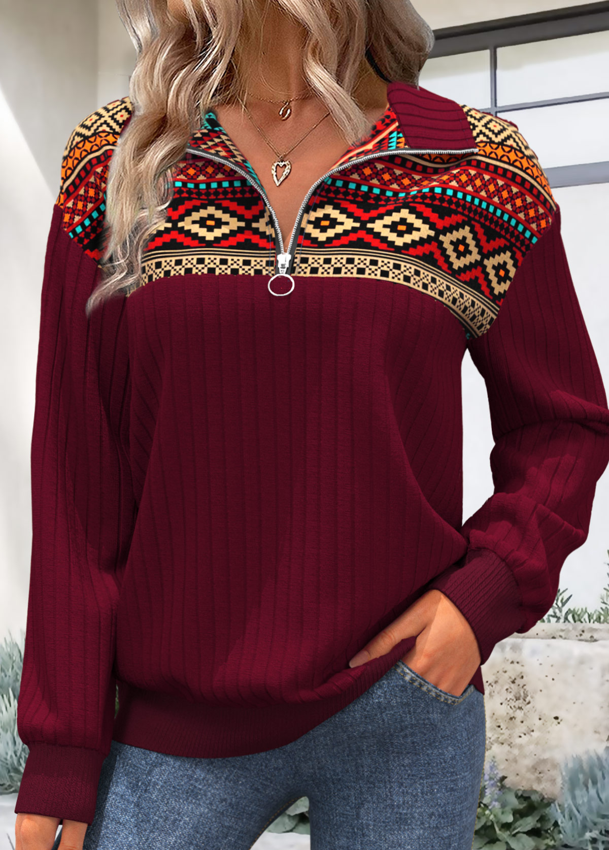 Modlily Deep Red Zipper Tribal Print Long Sleeve Sweatshirt - XXL