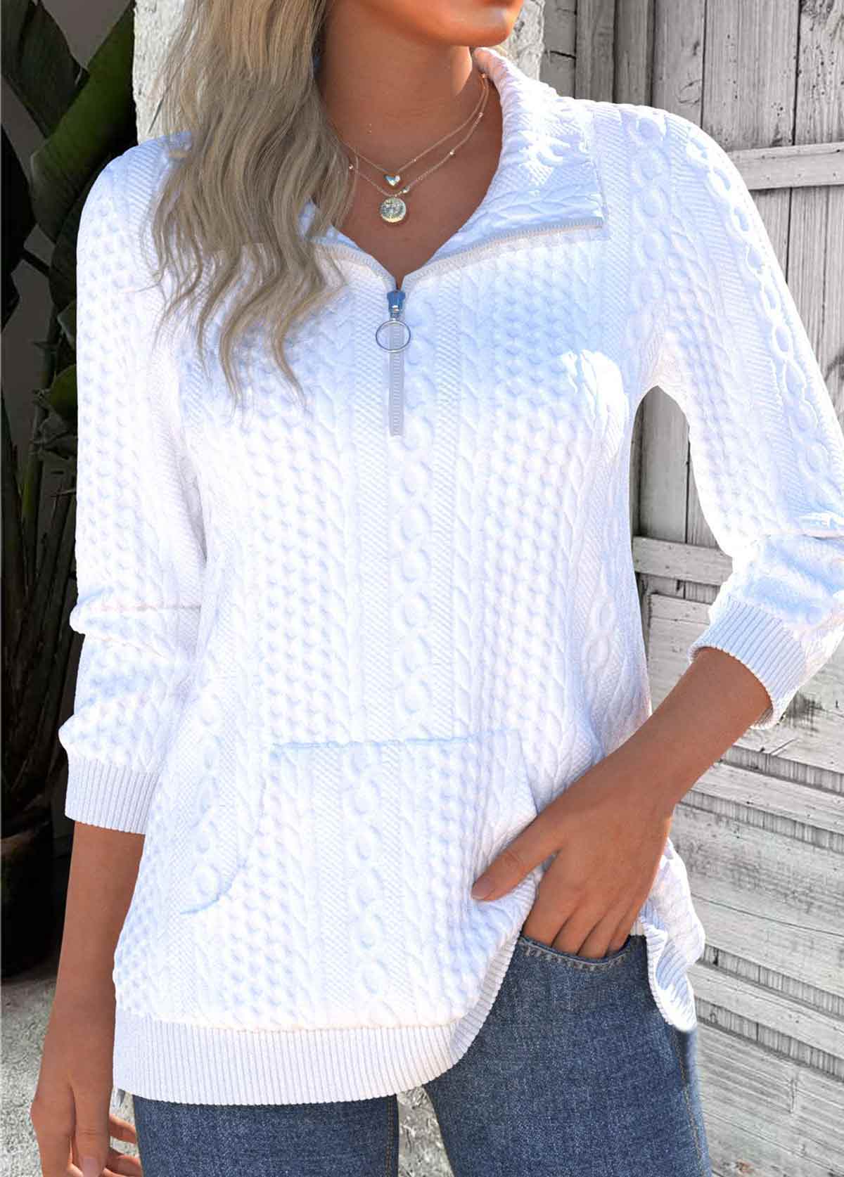 Modlily White Textured Quarter Zip Kangaroo Pocket Sweatshirt - XXL