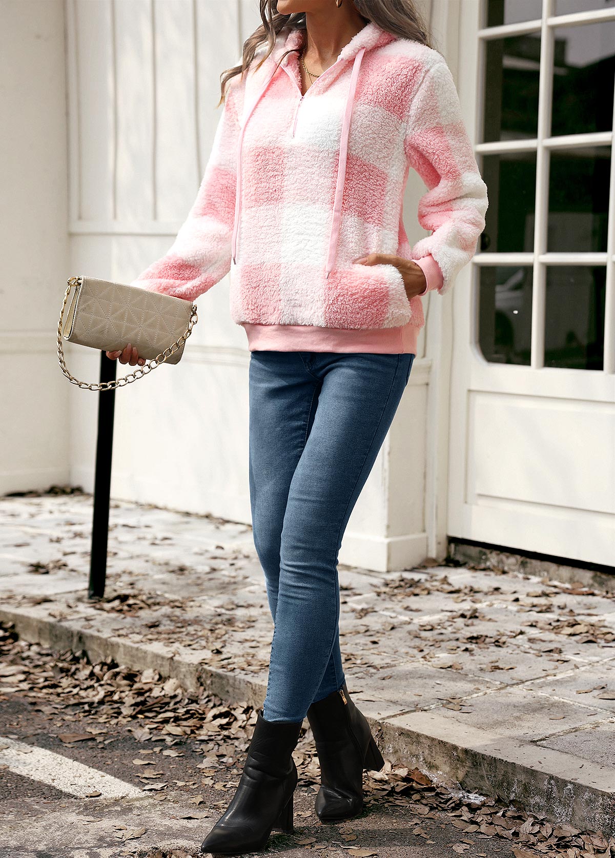 Pink Drawstring Plaid Long Sleeve Hoodie | picture 