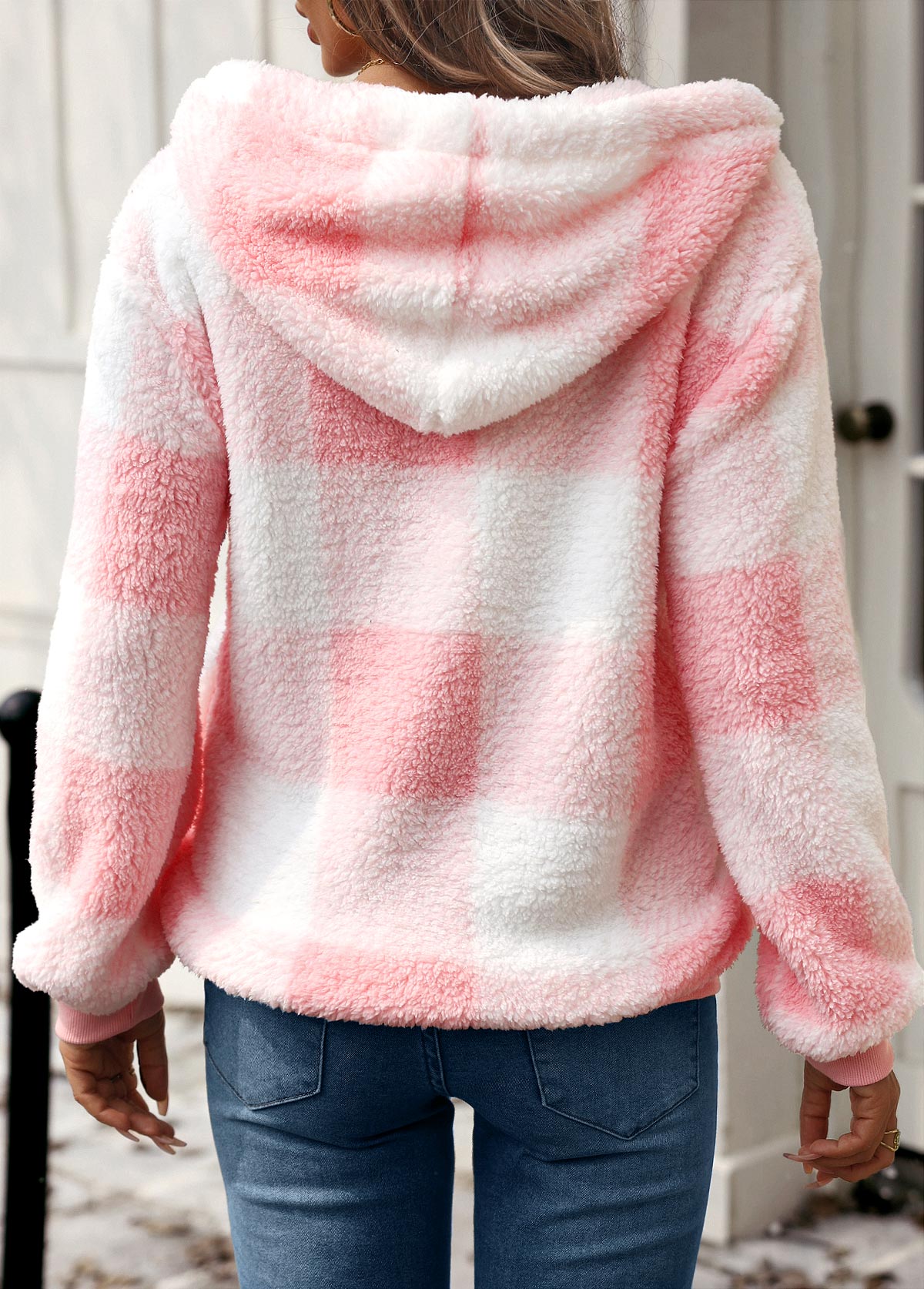 Pink Drawstring Plaid Long Sleeve Hoodie | picture 