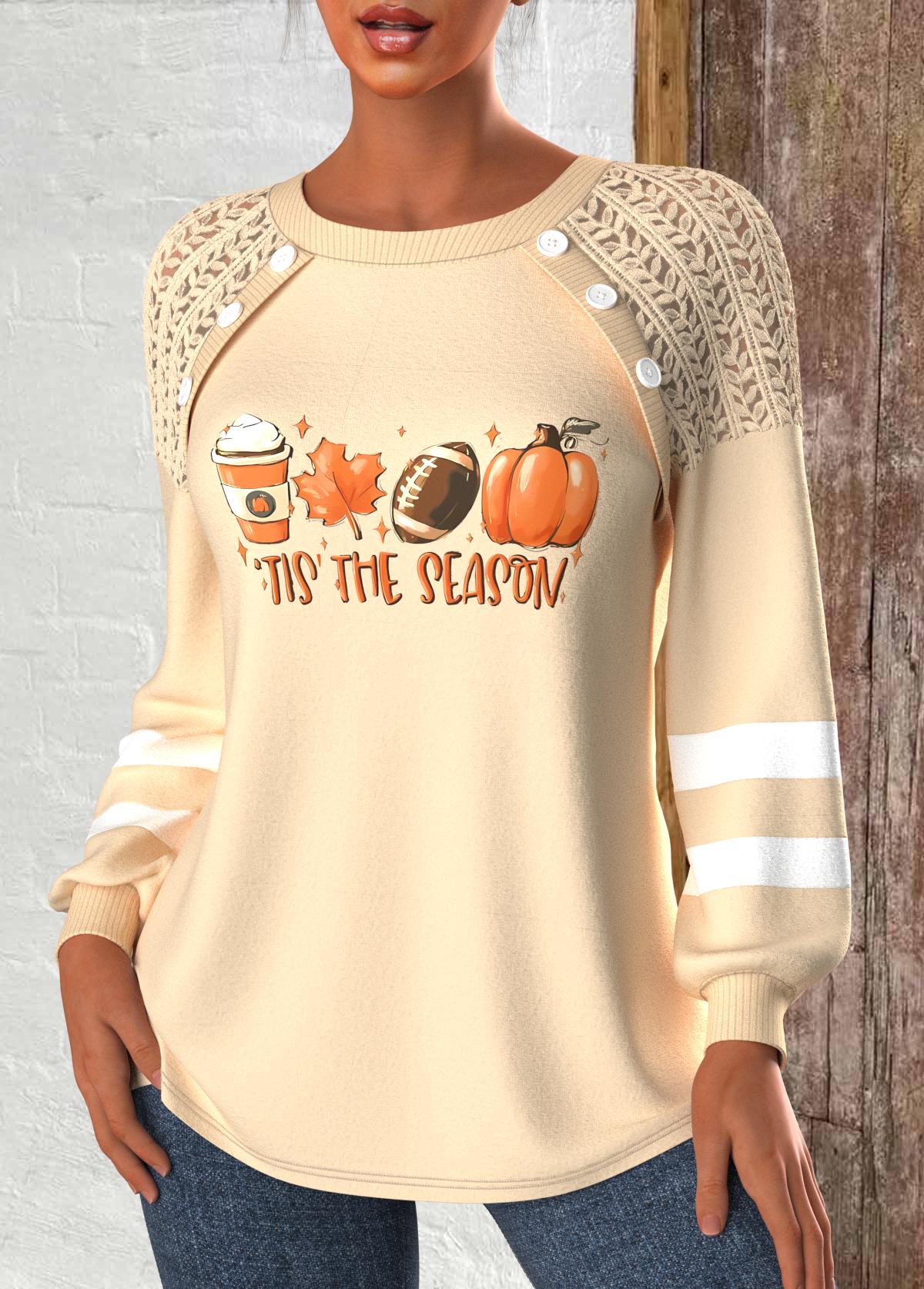 Halloween Light Camel Patchwork Long Sleeve Round Neck Sweatshirt | picture 