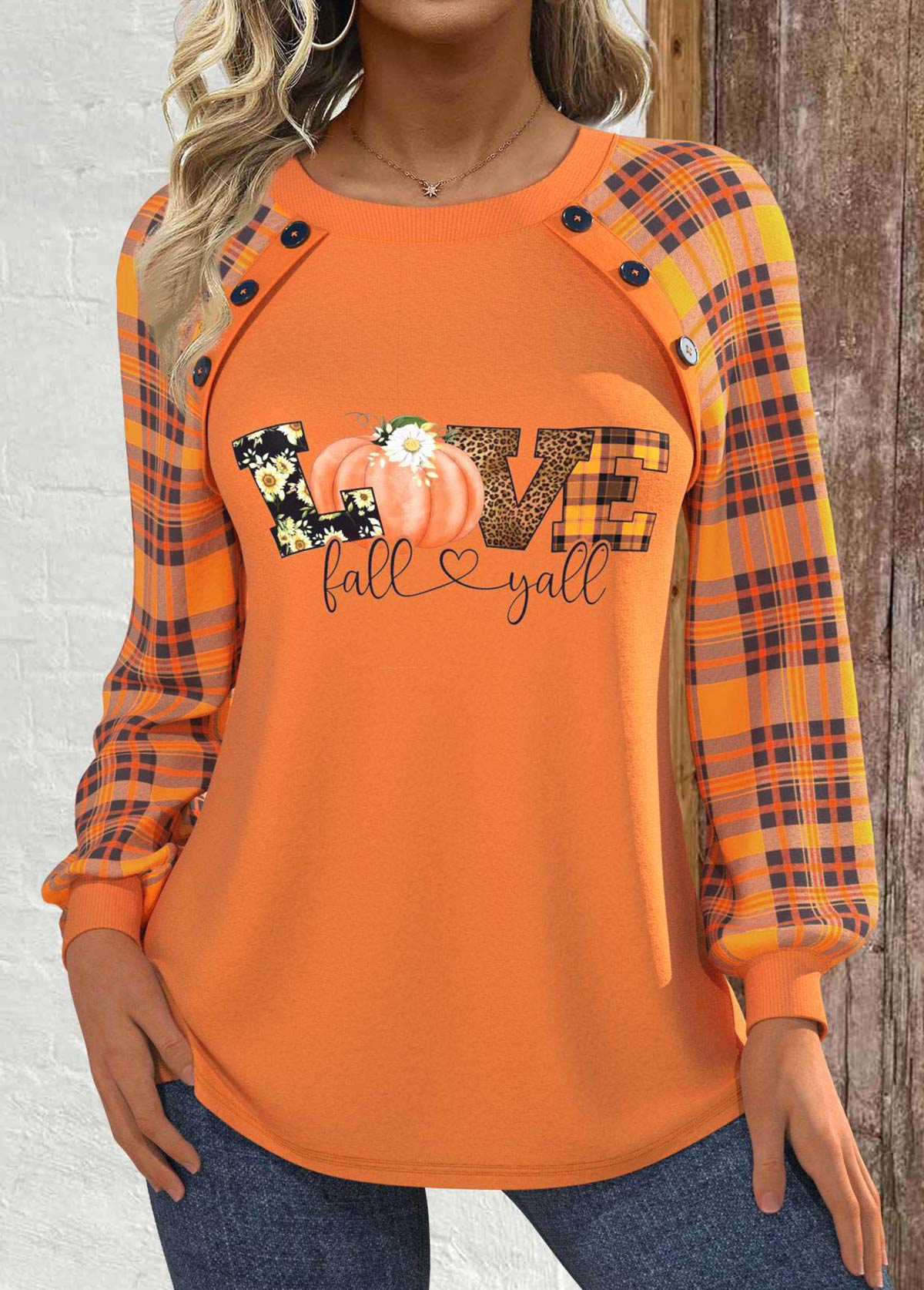 Halloween Orange Patchwork Plus Size Long Sleeve Sweatshirt | picture 