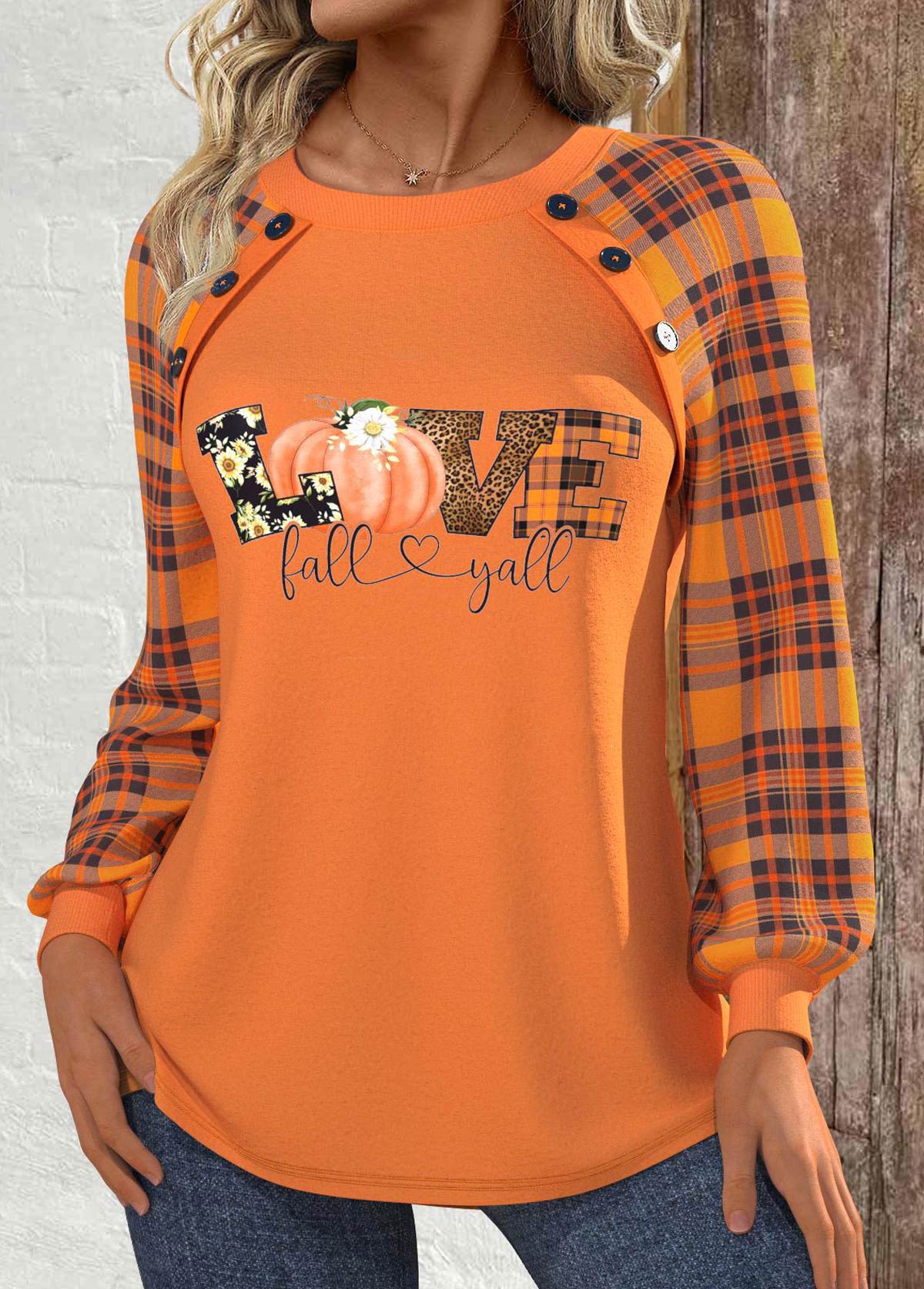 Halloween Orange Patchwork Plus Size Long Sleeve Sweatshirt | picture 