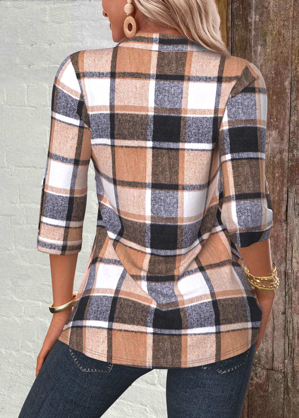 Multi Color Plaid 3/4 Sleeve Fake Two Piece Twinset | picture 