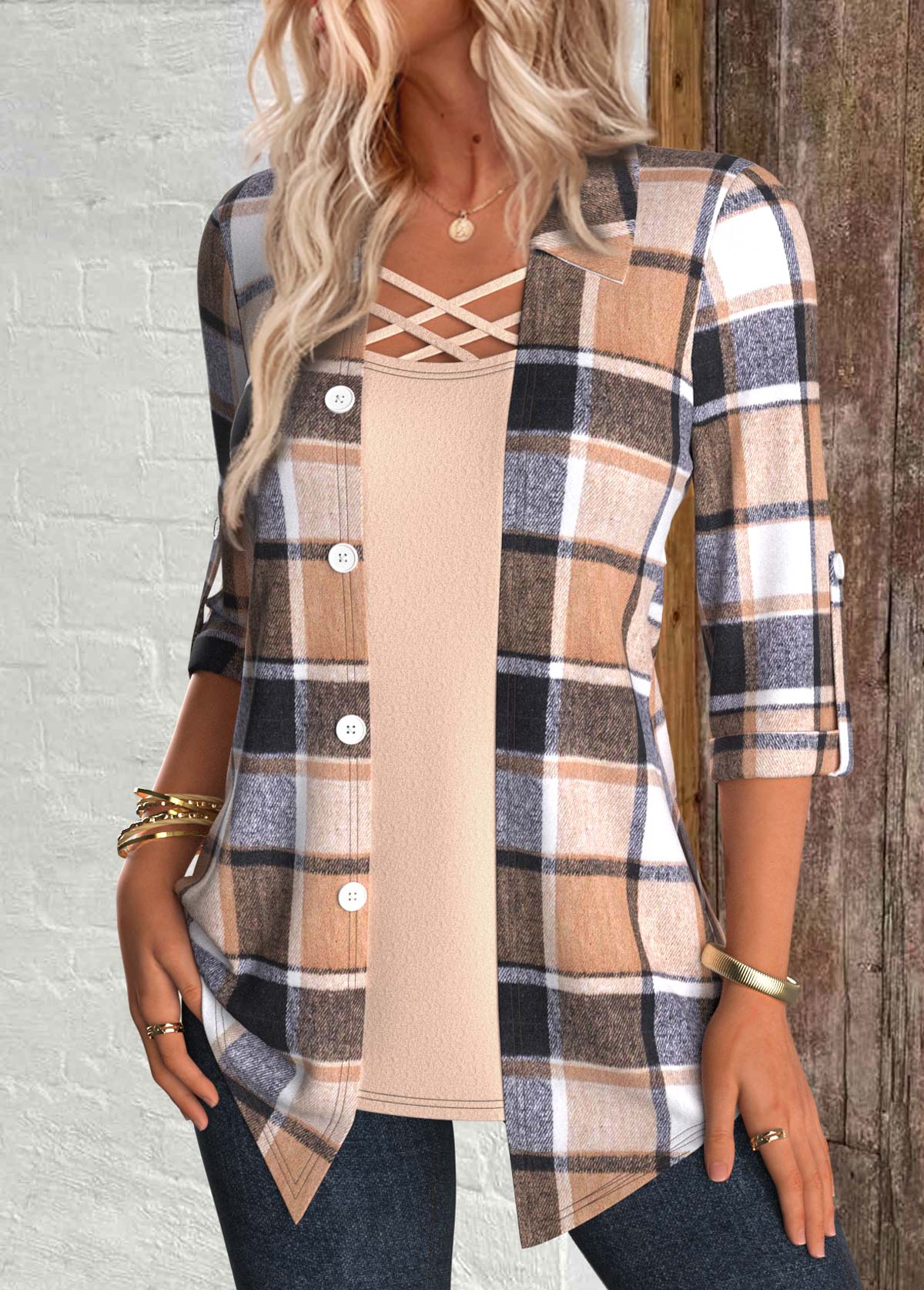 Multi Color Plaid 3/4 Sleeve Fake Two Piece Twinset | picture 