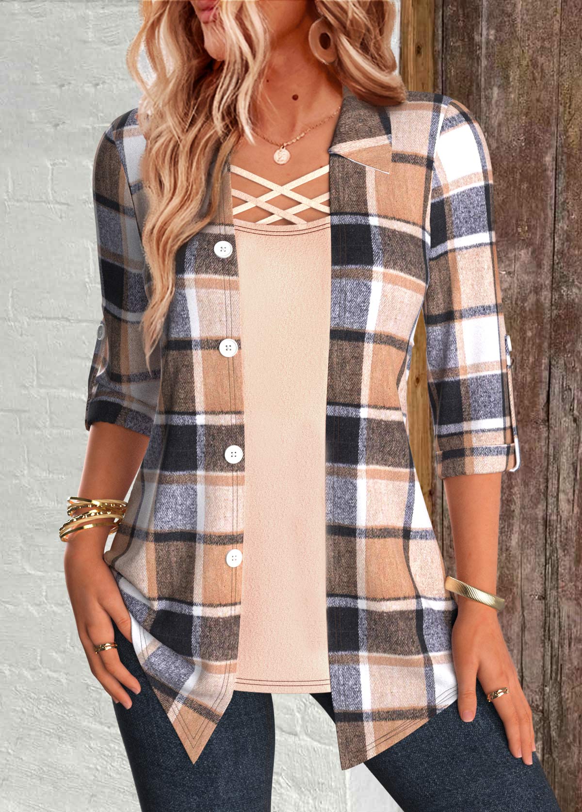 Multi Color Plaid 3/4 Sleeve Fake Two Piece Twinset | picture 