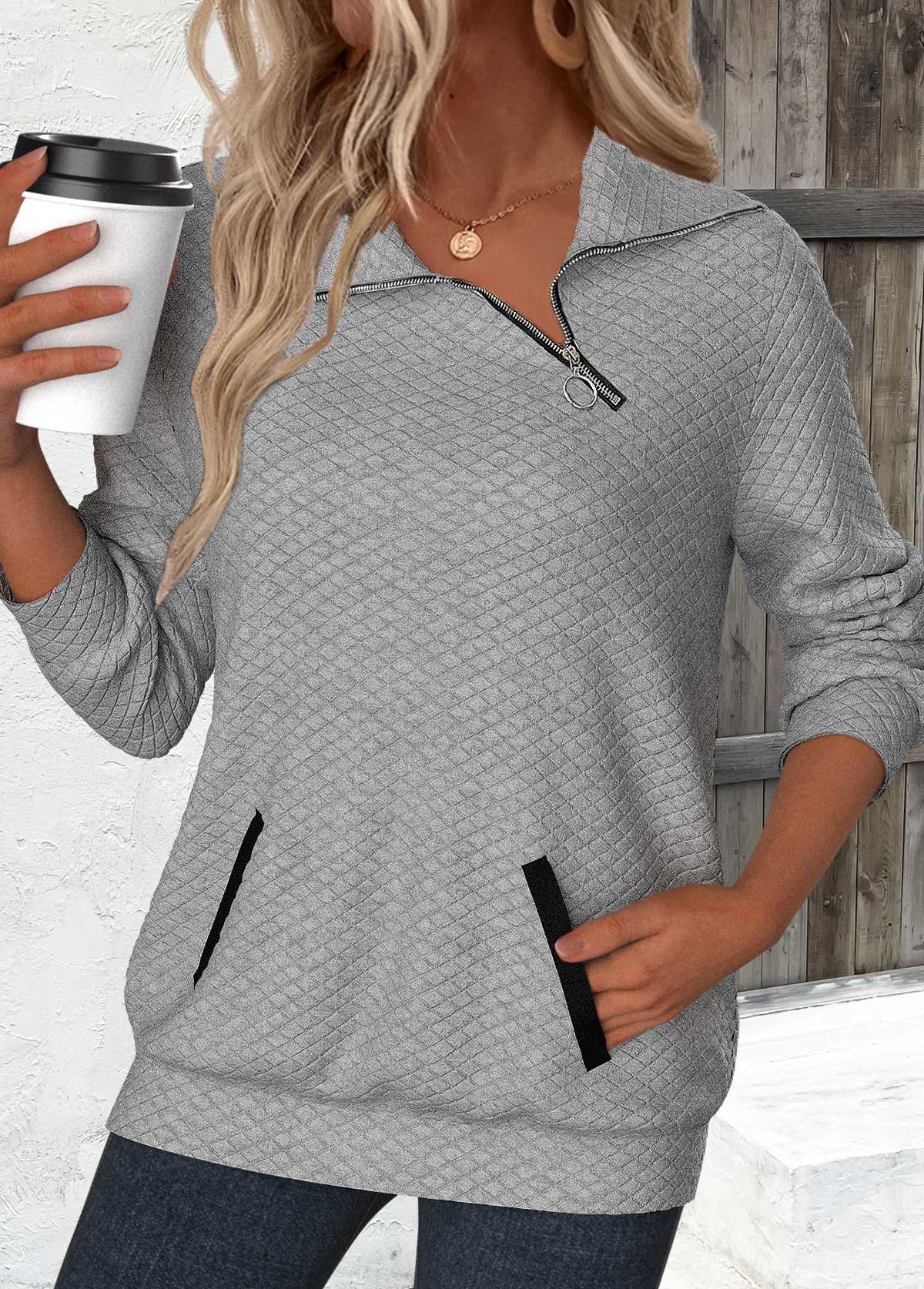 Modlily Grey Jacquard Long Sleeve Asymmetrical Neck Sweatshirt - XXL