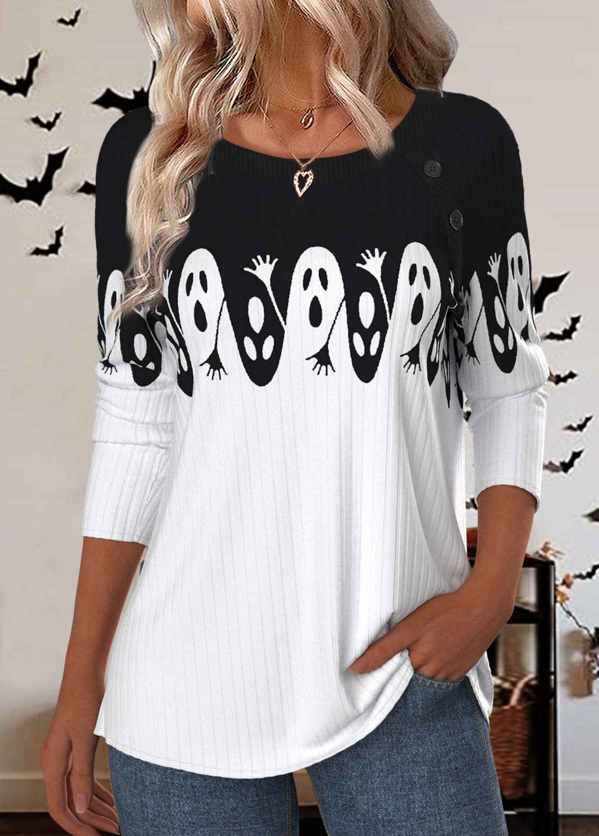 Halloween White Button Plus Size Long Sleeve T Shirt | picture 