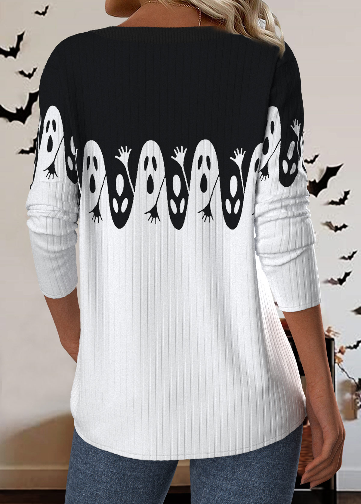 Halloween White Button Plus Size Long Sleeve T Shirt | picture 