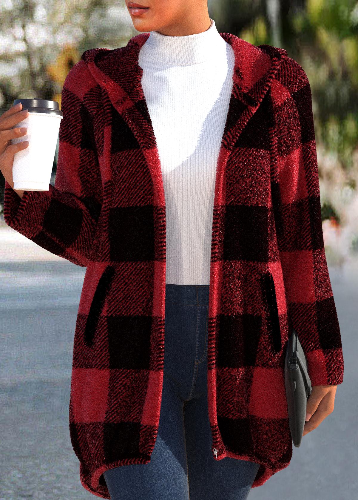 Red Plaid Long Sleeve Hooded Coat | picture 