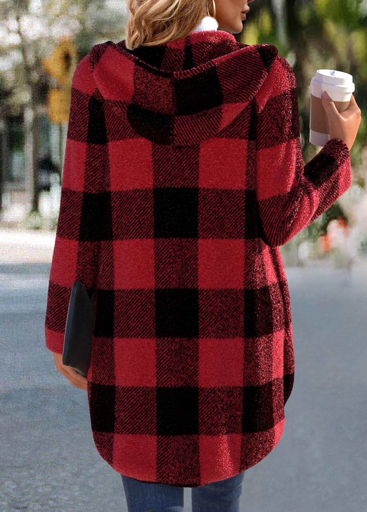 Red Plaid Long Sleeve Hooded Coat | picture 