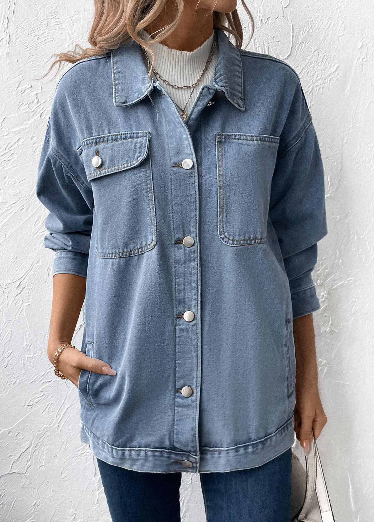 Denim Blue Button Long Sleeve Turn Down Collar Coat | picture 