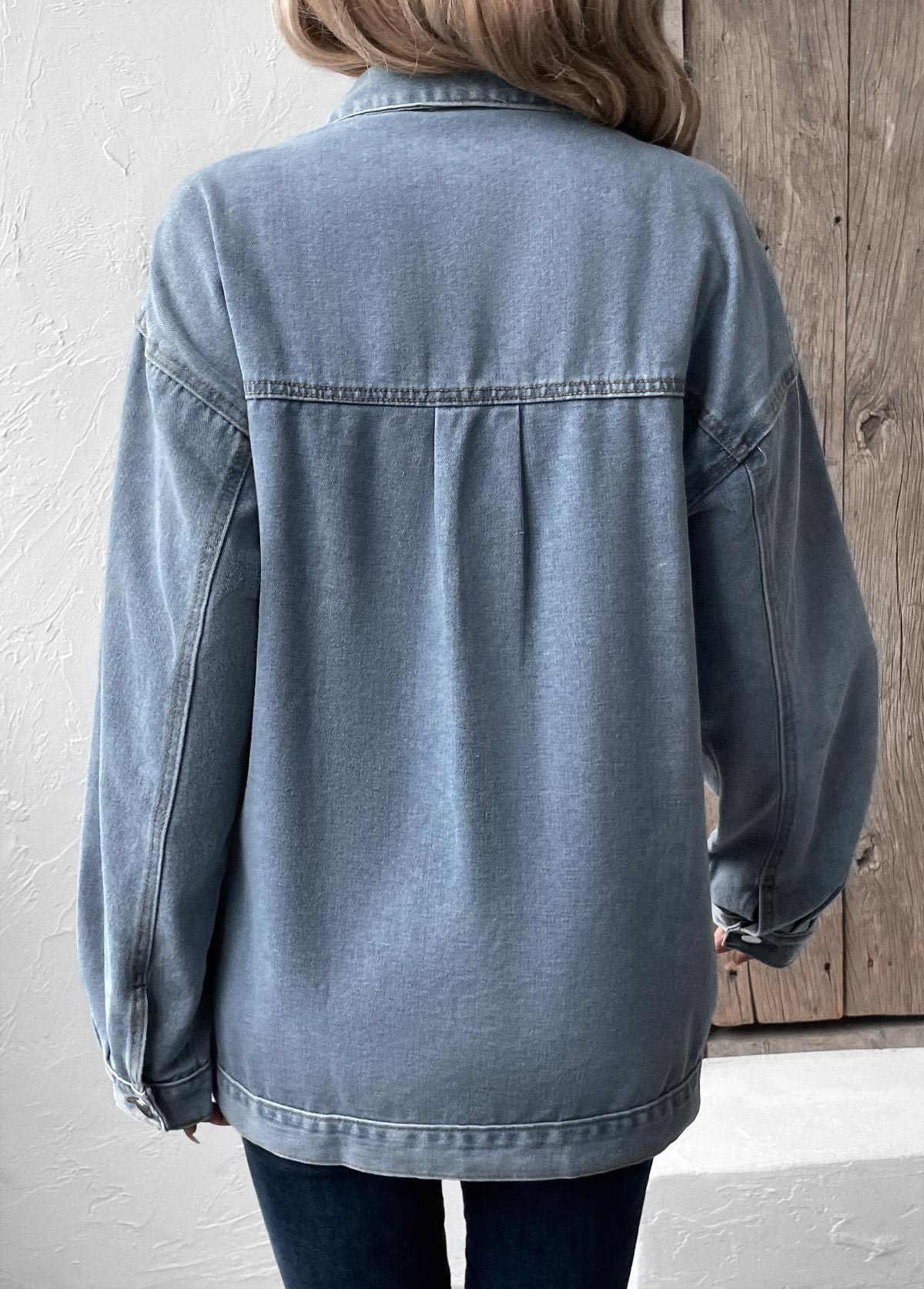 Denim Blue Button Long Sleeve Turn Down Collar Coat | picture 