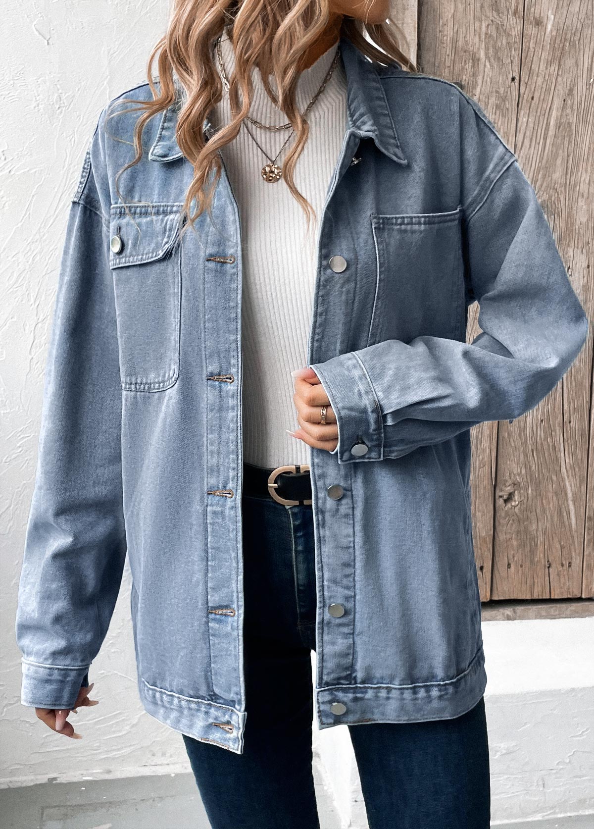 Denim Blue Button Long Sleeve Turn Down Collar Coat | picture 