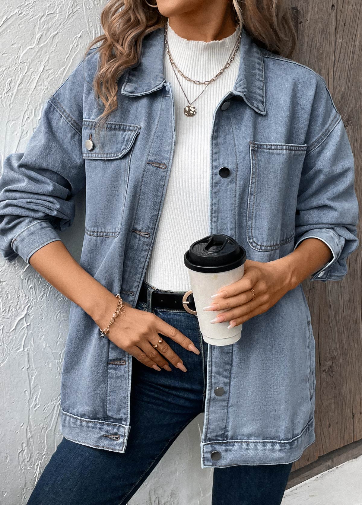 Denim Blue Button Long Sleeve Turn Down Collar Coat | picture 