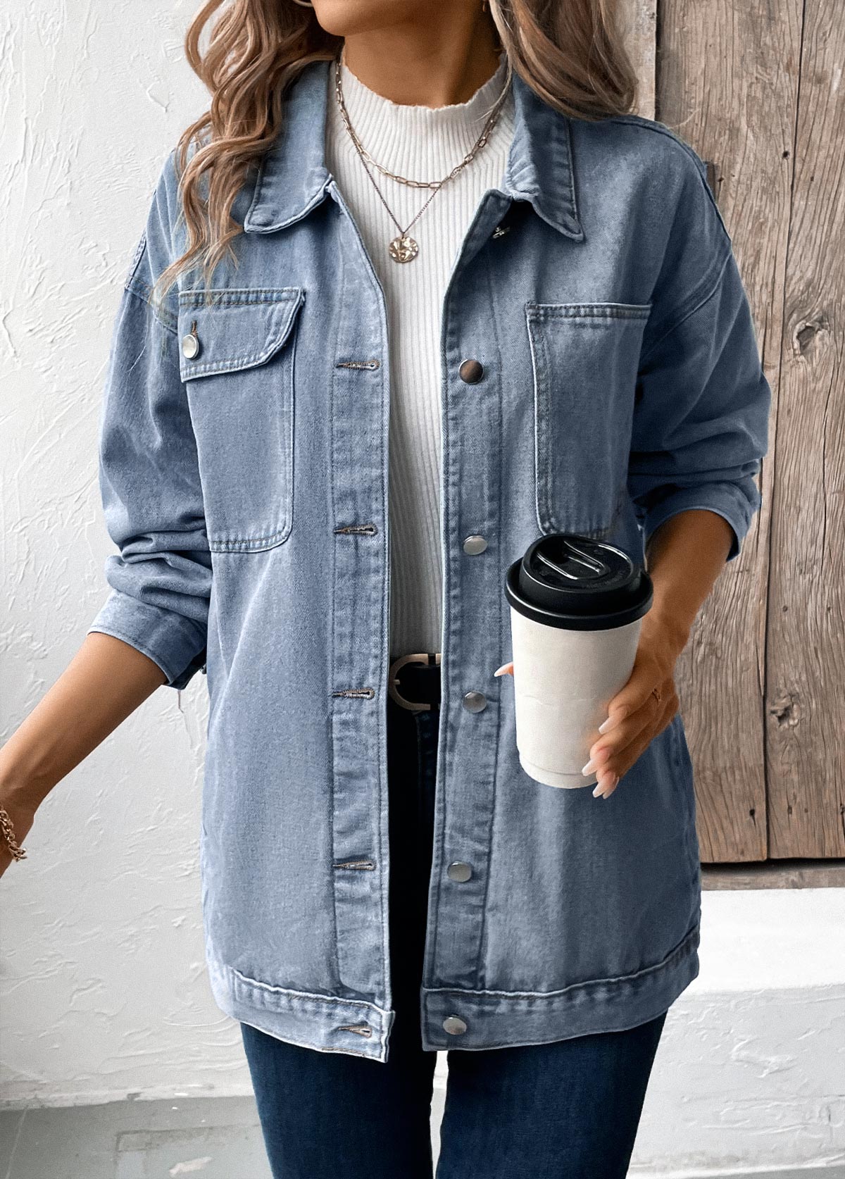 Denim Blue Button Long Sleeve Turn Down Collar Coat | picture 