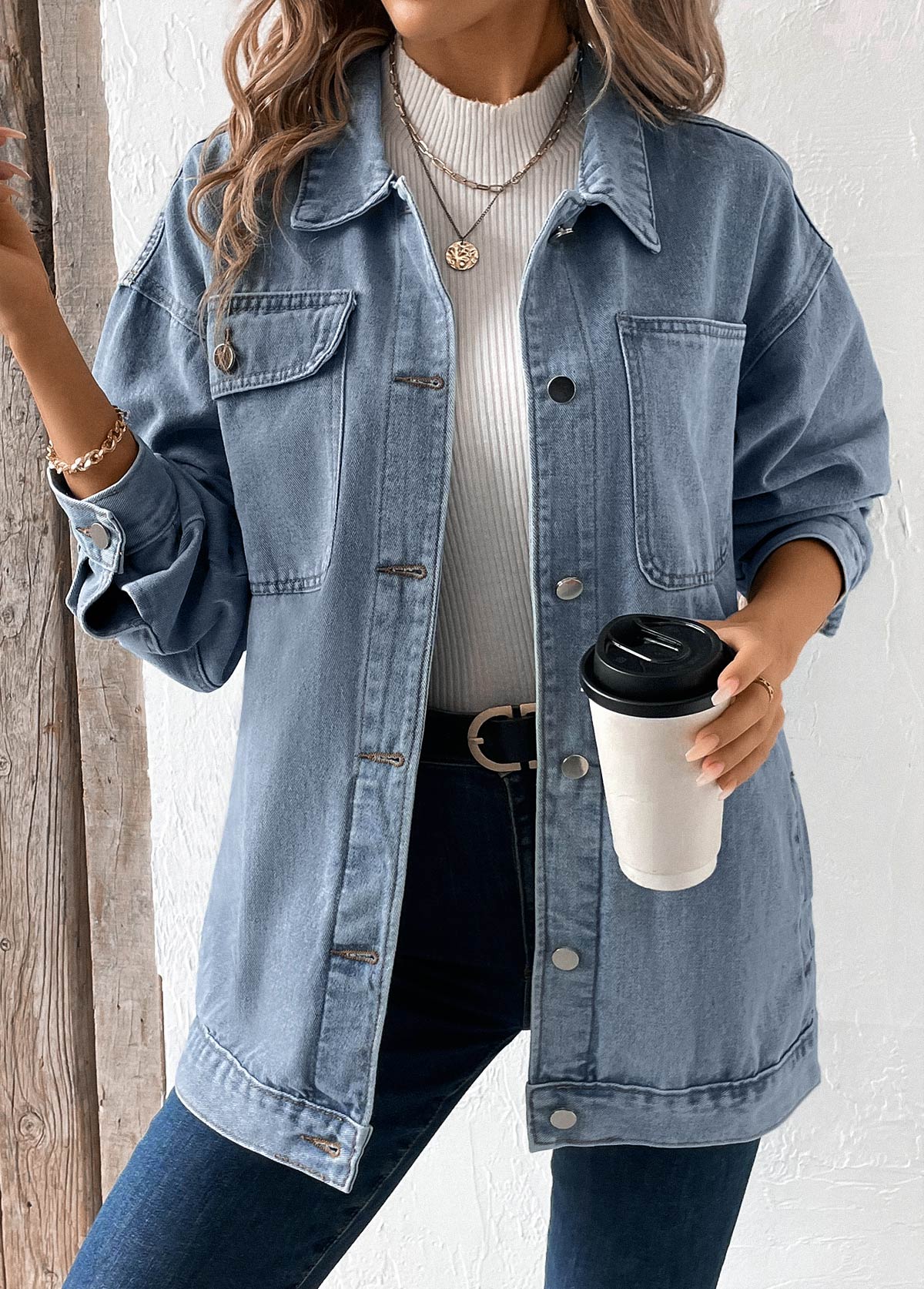 Denim Blue Button Long Sleeve Turn Down Collar Coat | picture 