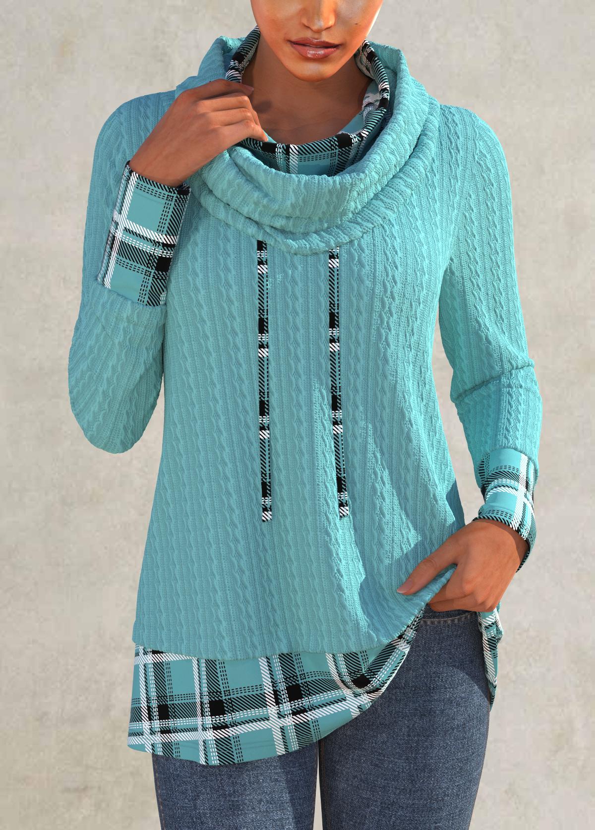 Mint Green Patchwork Plaid Long Sleeve Cowl Neck Sweatshirt | picture 