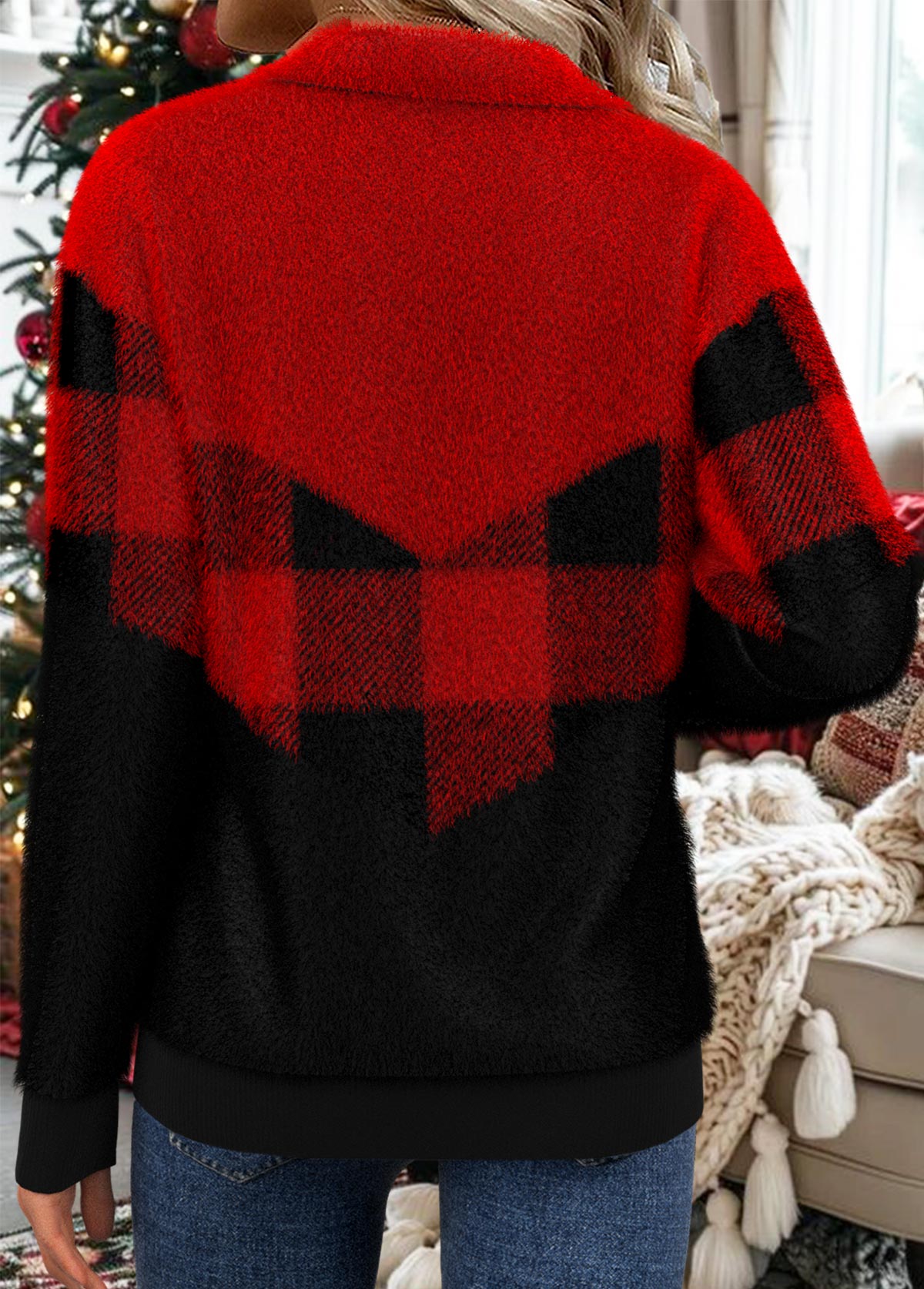 Christmas Black Patchwork Plaid Long Sleeve Sweatshirt | picture 