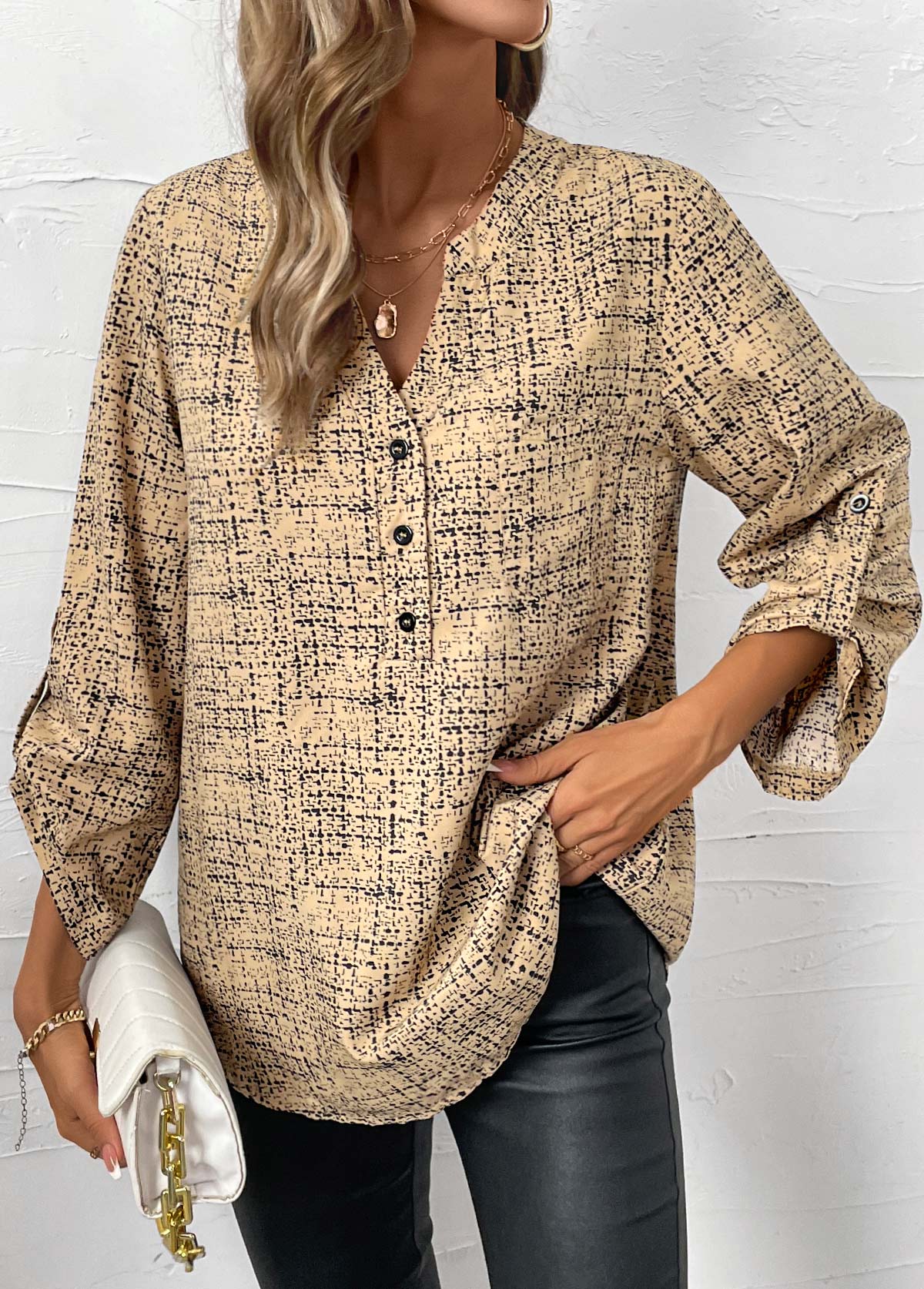 Plus Size Light Camel Button Graffiti Print Shirt | picture 