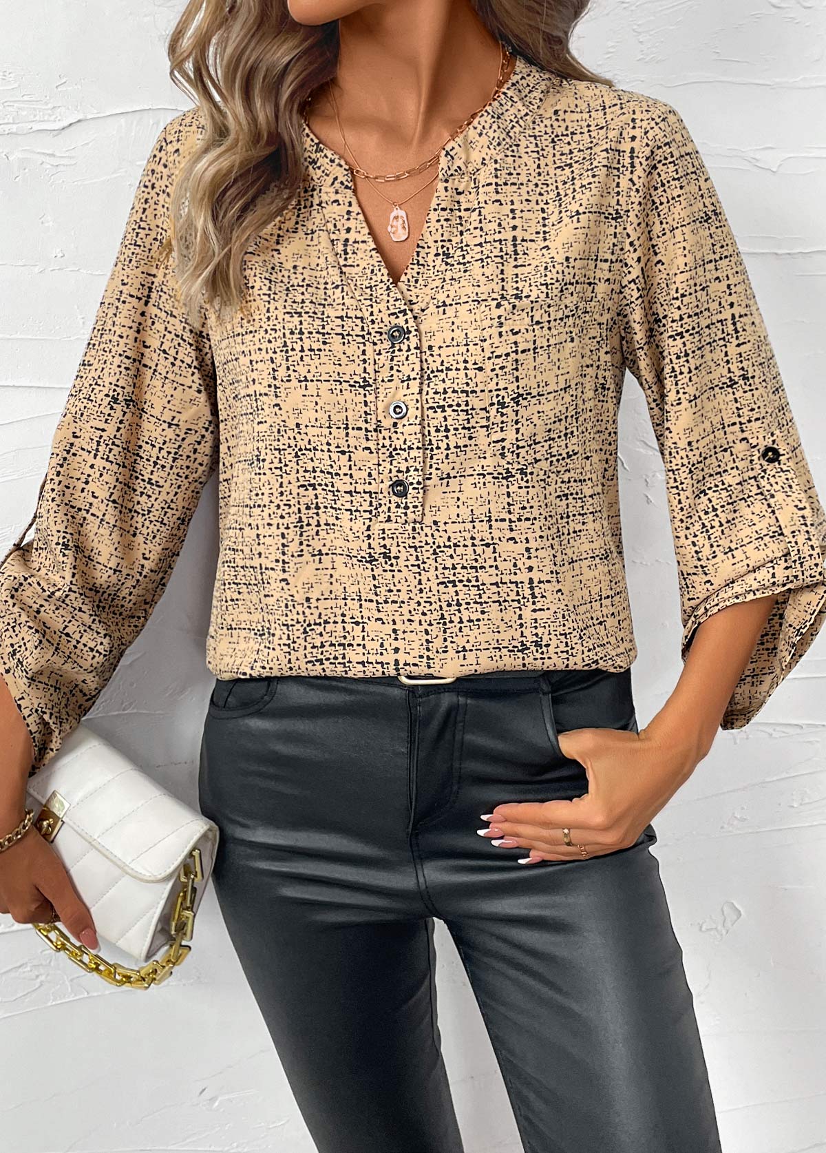 Plus Size Light Camel Button Graffiti Print Shirt | picture 