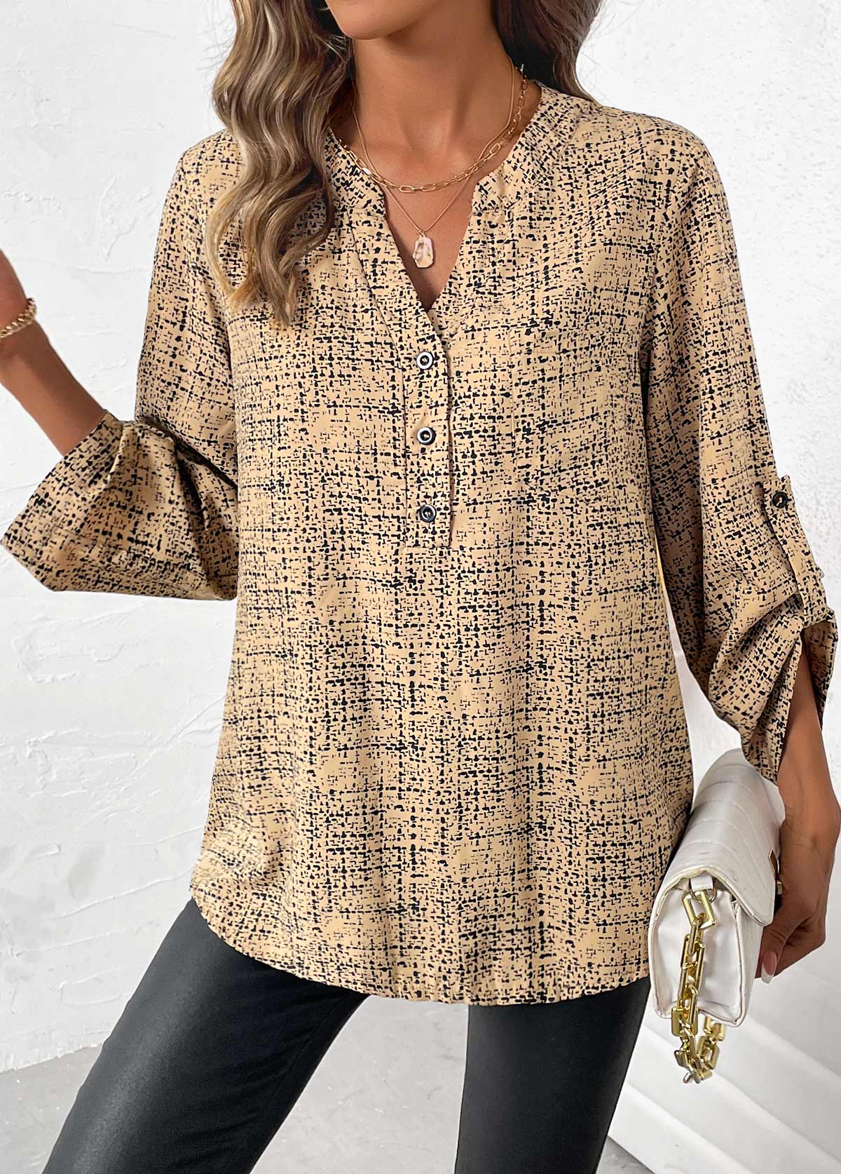 Plus Size Light Camel Button Graffiti Print Shirt | picture 