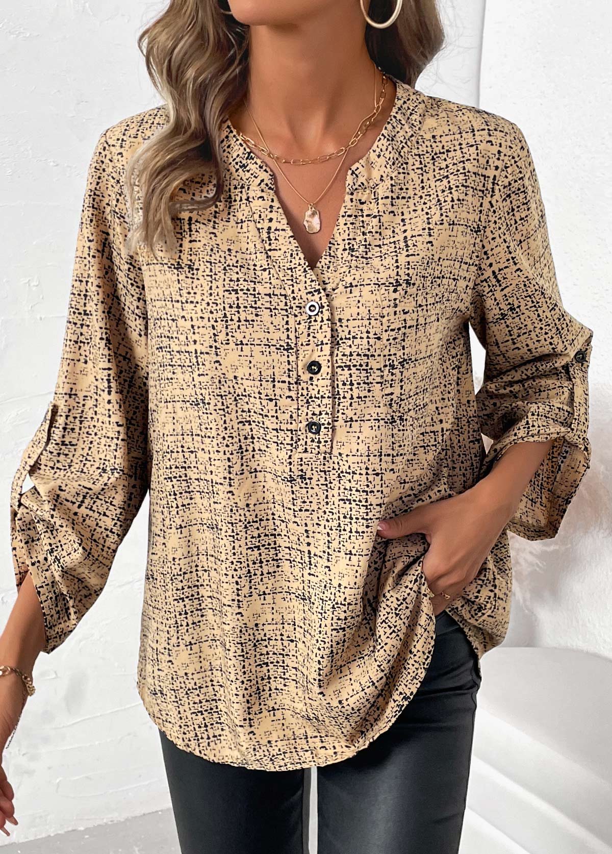 Plus Size Light Camel Button Graffiti Print Shirt | picture 
