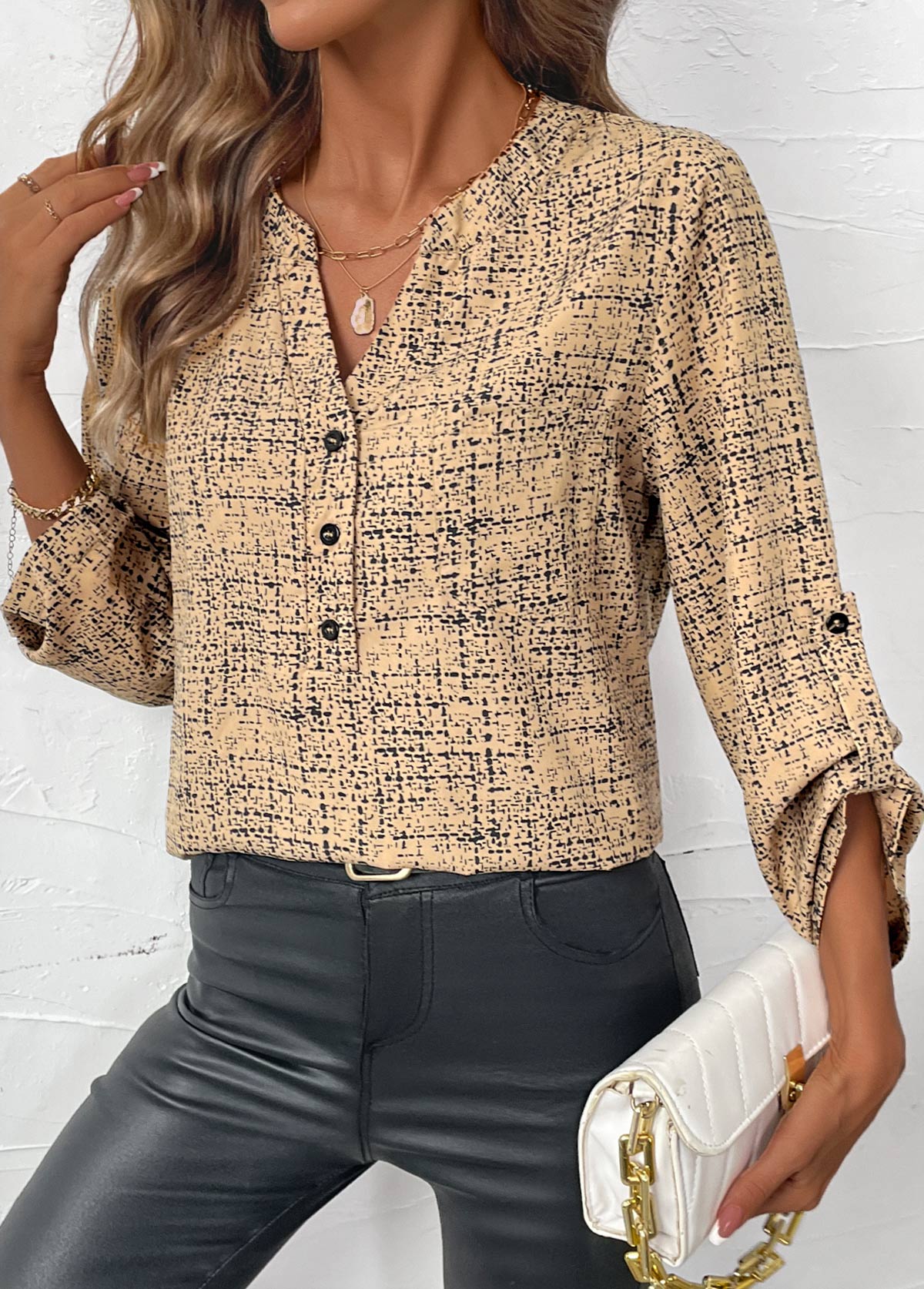 Plus Size Light Camel Button Graffiti Print Shirt | picture 