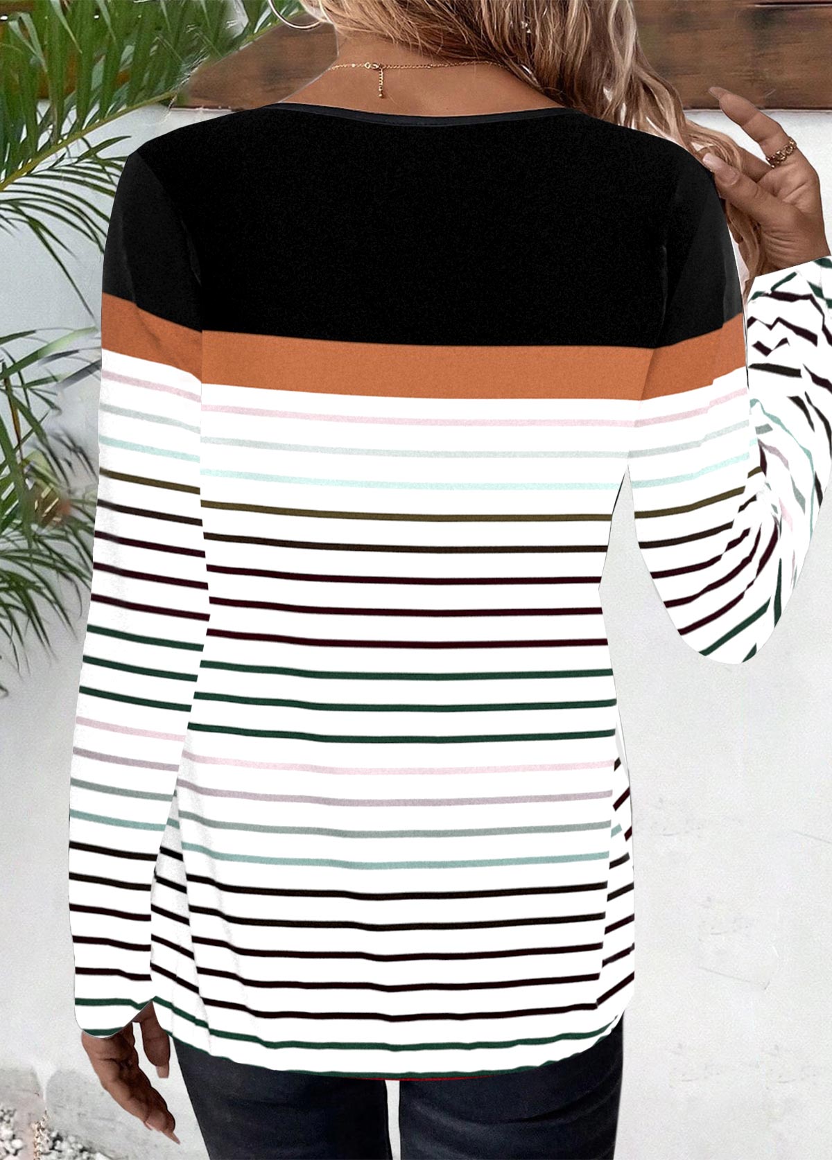 Black Patchwork Striped Long Sleeve Round Neck T Shirt | picture 