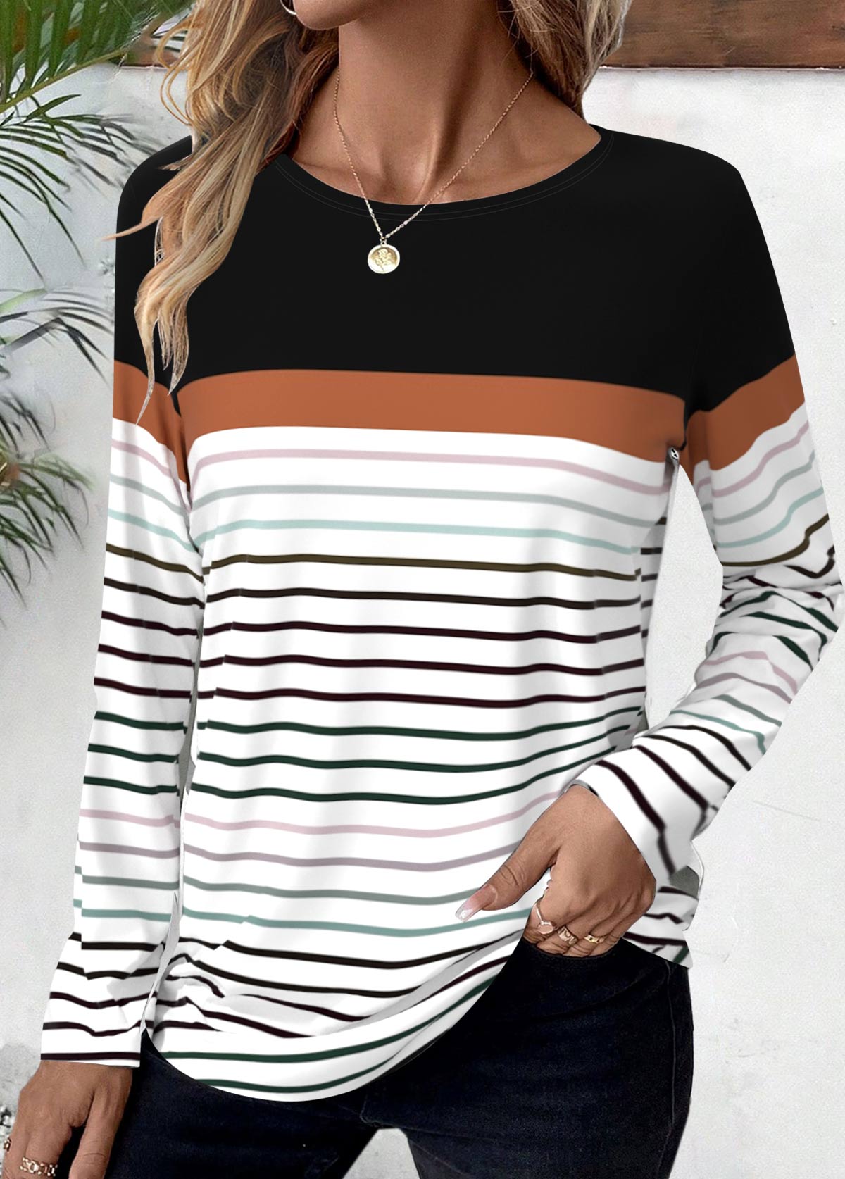 Black Patchwork Striped Long Sleeve Round Neck T Shirt | picture 