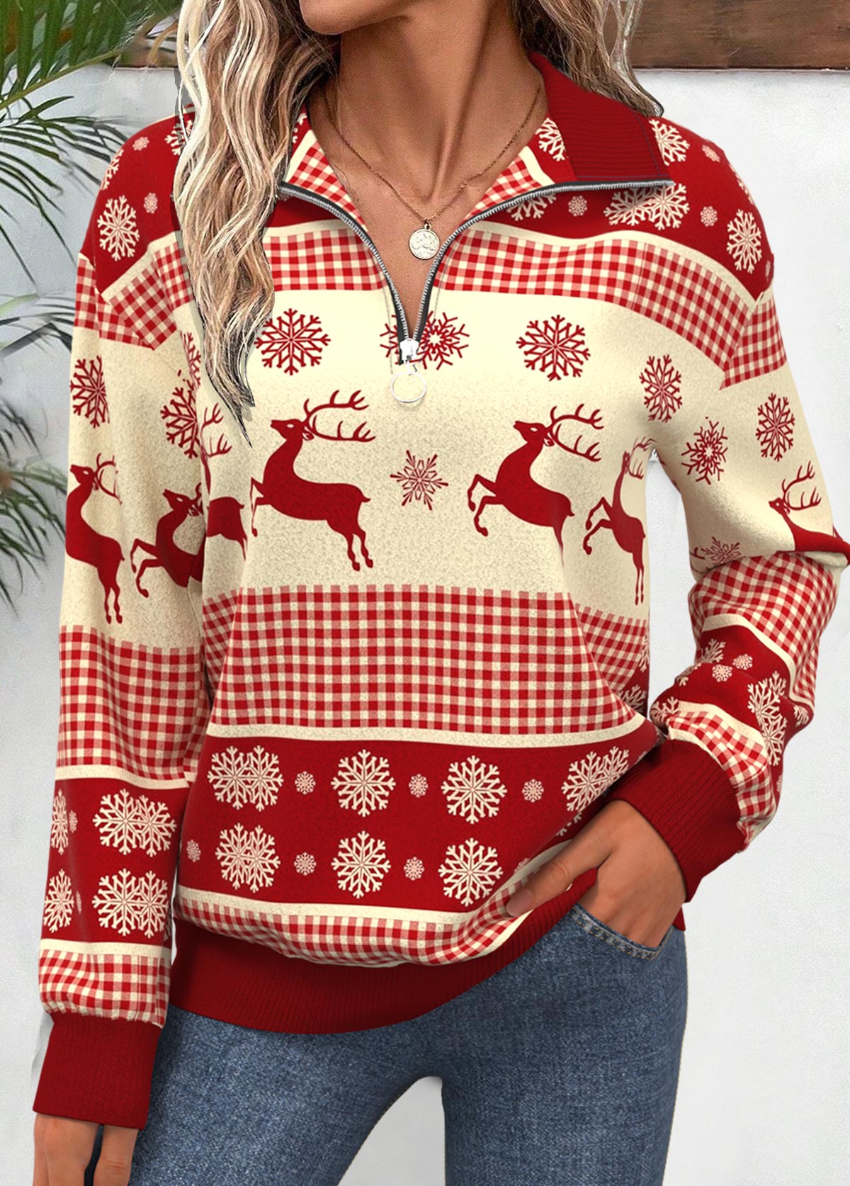 Christmas Wine Red Zipper Long Sleeve Sweatshirt | picture 