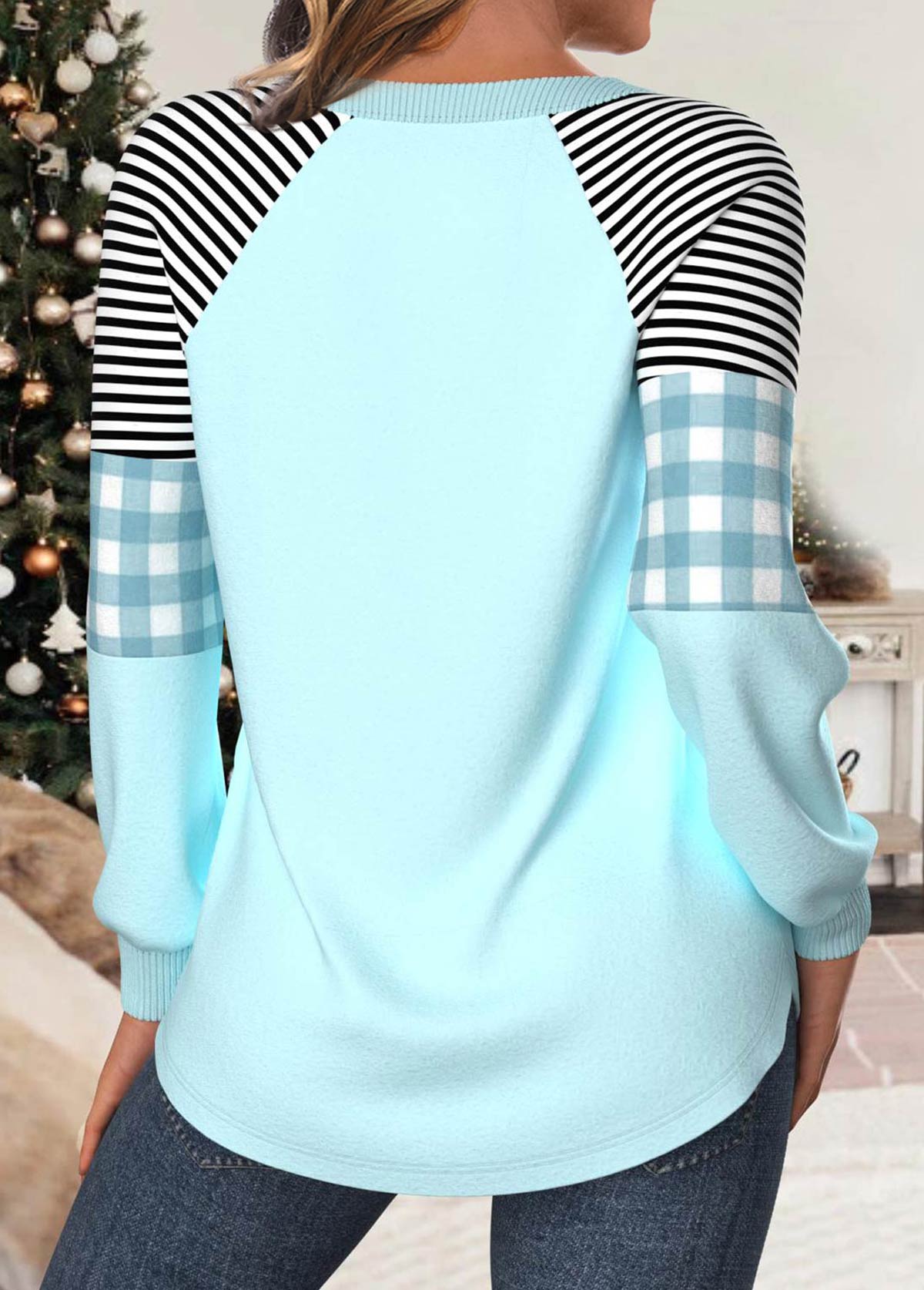Christmas Light Blue Patchwork Snowman Print Long Sleeve Sweatshirt