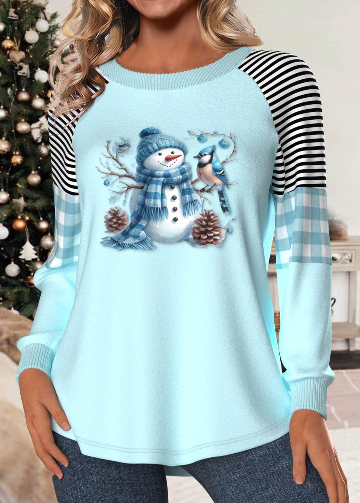 Christmas Light Blue Patchwork Snowman Print Long Sleeve Sweatshirt
