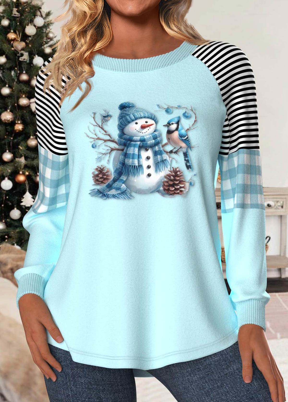 Christmas Light Blue Patchwork Snowman Print Long Sleeve Sweatshirt