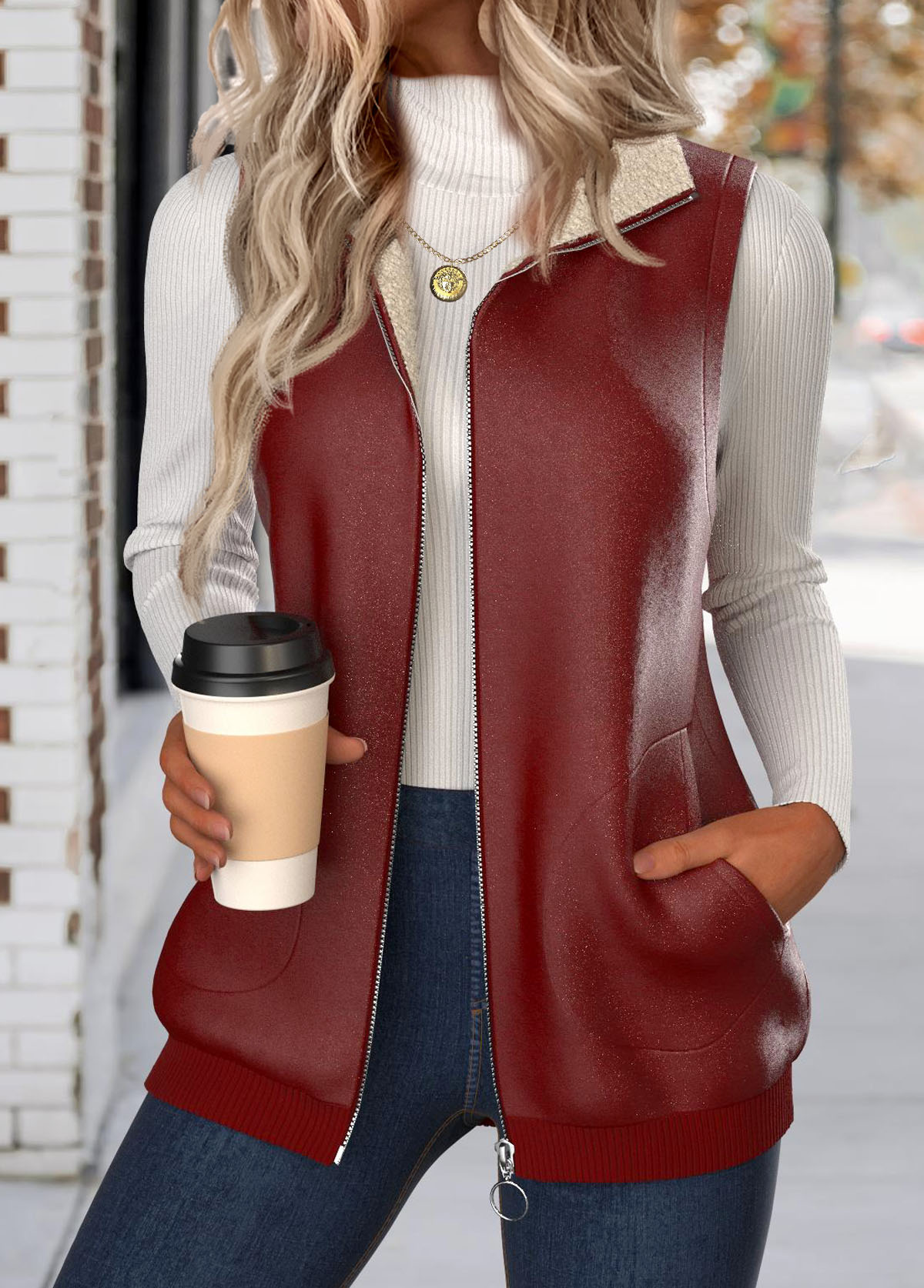 Deep Red Patchwork Sleeveless Stand Collar Waistcoat | picture 