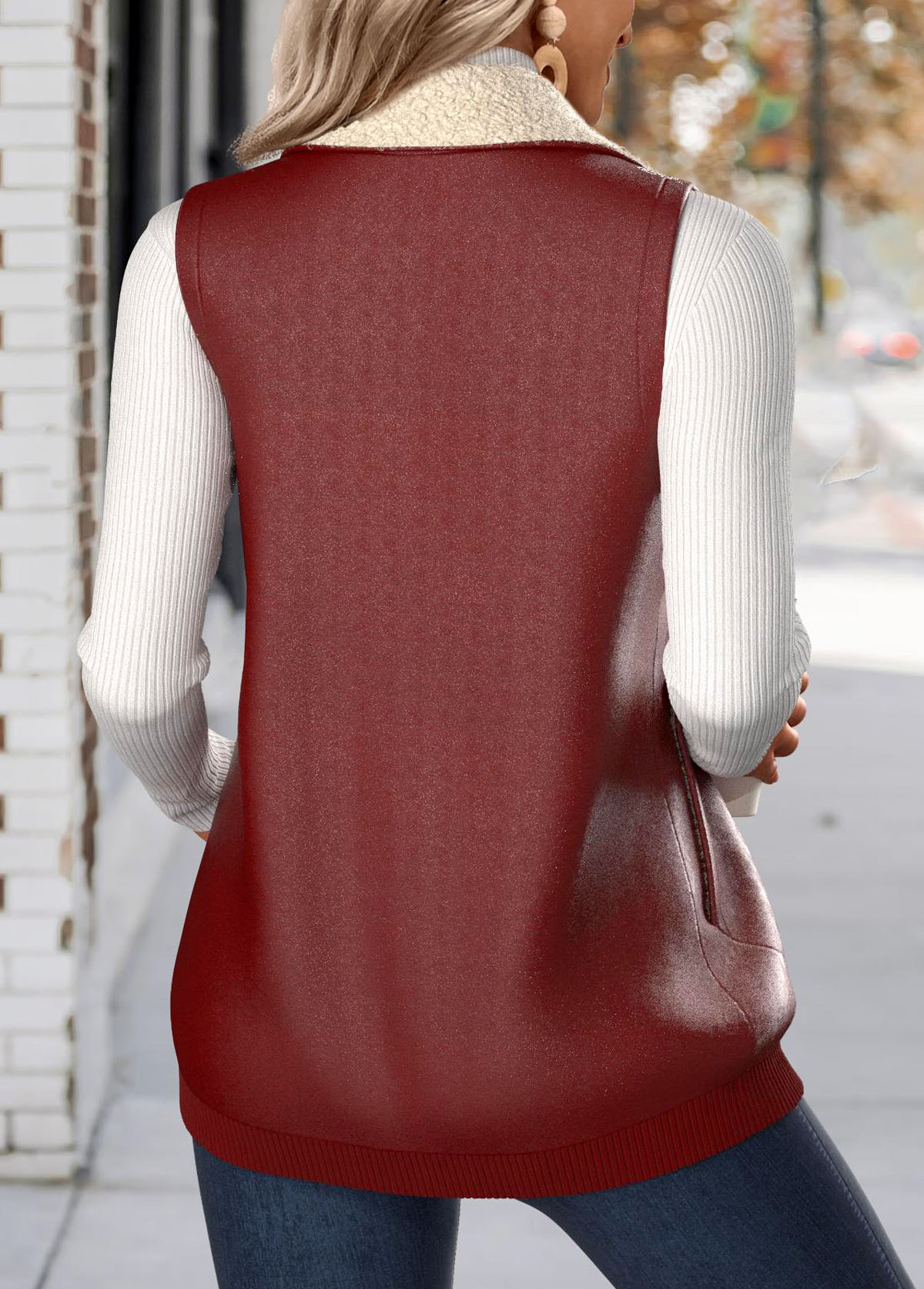 Deep Red Patchwork Sleeveless Stand Collar Waistcoat | picture 