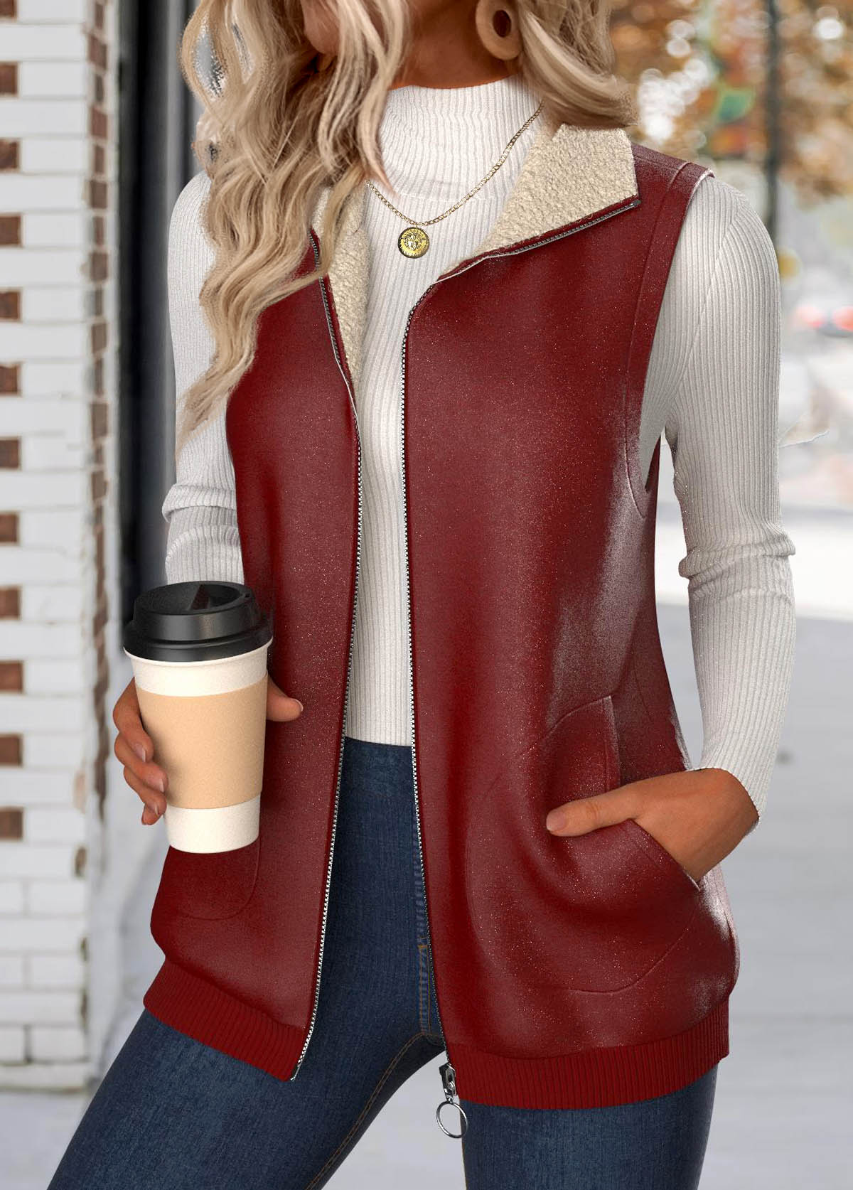Deep Red Patchwork Sleeveless Stand Collar Waistcoat | picture 