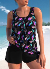 Asymmetry High Waisted Leaf Print Black Tankini Set