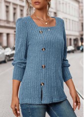 Blue Button Long Sleeve Square Neck T Shirt | thumb picture 