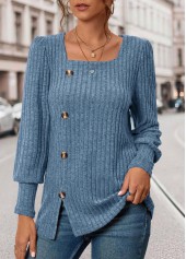 Blue Button Long Sleeve Square Neck T Shirt | thumb picture 