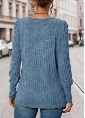 Blue Button Long Sleeve Square Neck T Shirt | thumb picture 