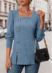 Blue Button Long Sleeve Square Neck T Shirt