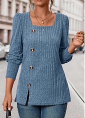 Blue Button Long Sleeve Square Neck T Shirt | thumb picture 