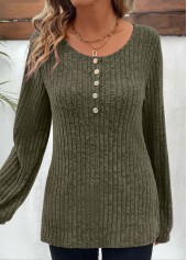 Olive Green Button Long Sleeve Round Neck T Shirt | thumb picture 