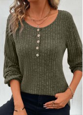 Olive Green Button Long Sleeve Round Neck T Shirt | thumb picture 