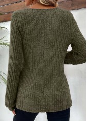 Olive Green Button Long Sleeve Round Neck T Shirt | thumb picture 