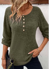 Olive Green Button Long Sleeve Round Neck T Shirt | thumb picture 