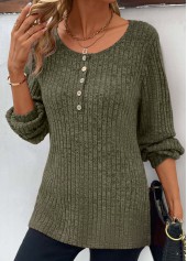 Olive Green Button Long Sleeve Round Neck T Shirt | thumb picture 